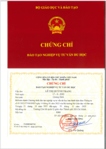 Chứng chỉ chuyên viên tư vấn du học của Bà Lê Thị Quỳnh Trang